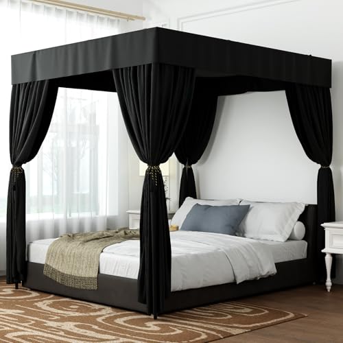Hvqic Black Canopy Bed Drapes - 4 Corner Post Canopy King Bed Curtain Lightproof Drapes Bed Canopy for Adults & Girls Bedr...
