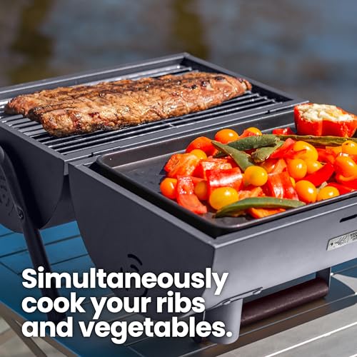 Mini Portable Charcoal Grill & Small Tabletop BBQ - Tailgate Camping Travel Grill for Balcony - Barrel Style w/Griddle & P...
