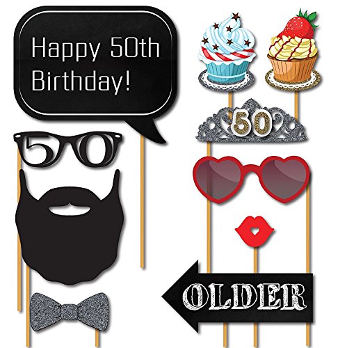 50th Birthday Photo Booth Props - 31-pc 50th Birthday Props with 8 x 10-Inch Sign, 45 Adhesive Pads, 35 Sticks - 50th Birt...