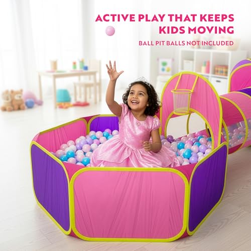 Playz 5pc Kids' Play Tents & Tunnels - Ball Pit for Toddlers, Basketball Hoop, Crawling Tubes, Pop-Up Playhouses, Baby Obs...