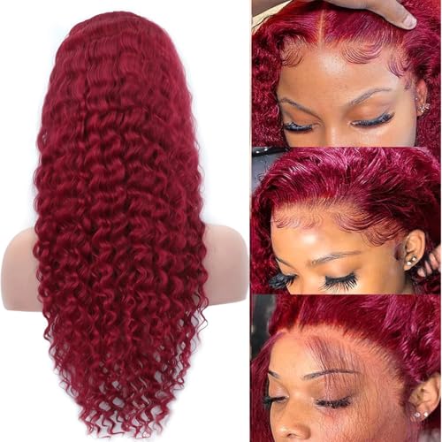 99j Burgundy Lace Front Wigs Human Hair 13x4 Water Wave Lace Front Wigs Pre Plucked 180 Density Red Colored Wigs for Black Women Curly Lace Frontal Wigs with Baby Hair 22 Inch