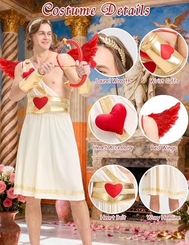 Boveco 6PCS Adult Cupid Costume for Men Valentines Day Cupid Costume with Wings, Bow & Arrow Fun Outfit for Party Cosplay