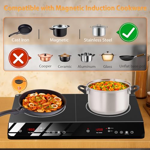 JollyOne Double Burner Induction Cooktop, 1800W Portable Induction Cooktop 2 Burner with 9 Temp & Power Independent Touch ...