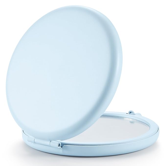 Compact Mirror for Purse, Set of 2 Double-Sided 1X/2X Magnifying Metal Pocket Makeup Mirrors(Round, Light Blue)