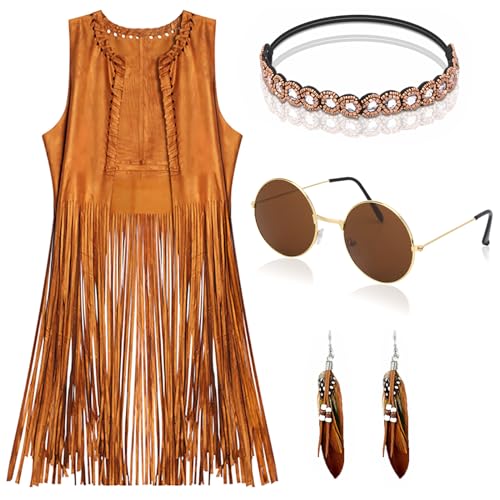 EVISWIY 60s 70s Outfits for Women Disco Hippie Costume Clothes Woman Cowgirl 70s Costume Tops Women Fringe Hippie Vest Brown