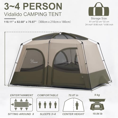 Vidalido Tents，3-4 Person Camping Tent with Extended Vestibule，Weather Resistant Family Tents with Breathable Mesh Window...