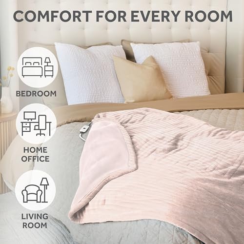 Sunbeam Electric Throw Royal Posh Velvet Heated Blanket, 4 Heat Settings, 4-Hour Auto Shut-Off, Fast Heating, Lush, Silky,...