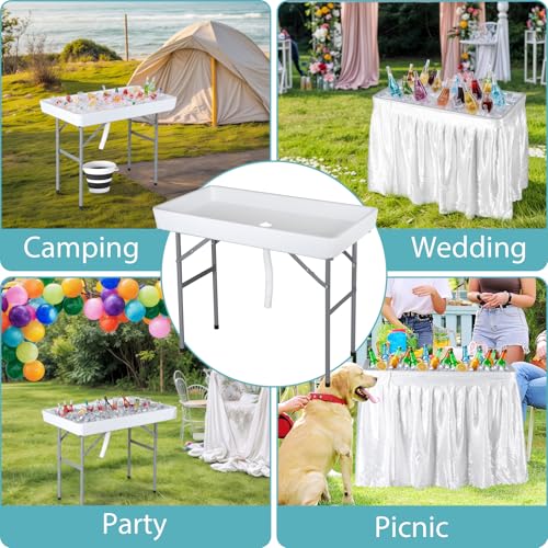 SUPER DEAL Party Ice Cooler Folding Table with 5L Bucket, Portable Outdoor Cooler Table with Removable Matching Skirt, Lar...
