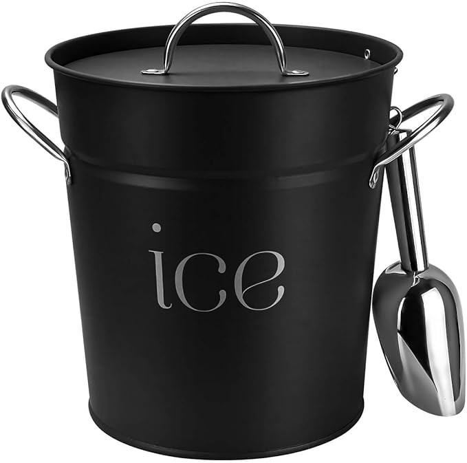 3Qt Black Galvanized Ice Bucket with Lid, Scoop & Handles - Ideal for Cocktails, Parties, BBQs, Wine & Champagne. Double-L...