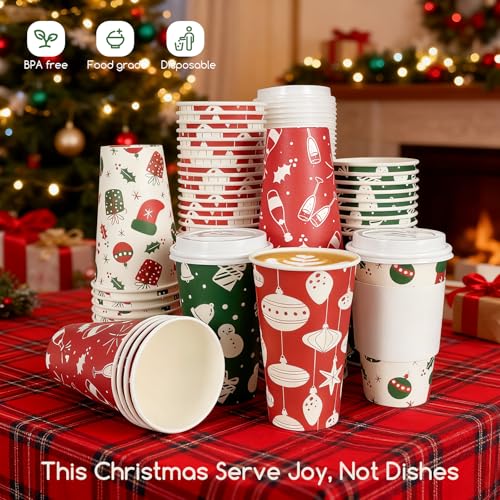 FUNPAK Christmas To Go Coffee Cups with Lids 16 oz Insulated Cups, 100 Packs Hot Cup for Chocolate/Coffee/Tea/Water/Juice,...