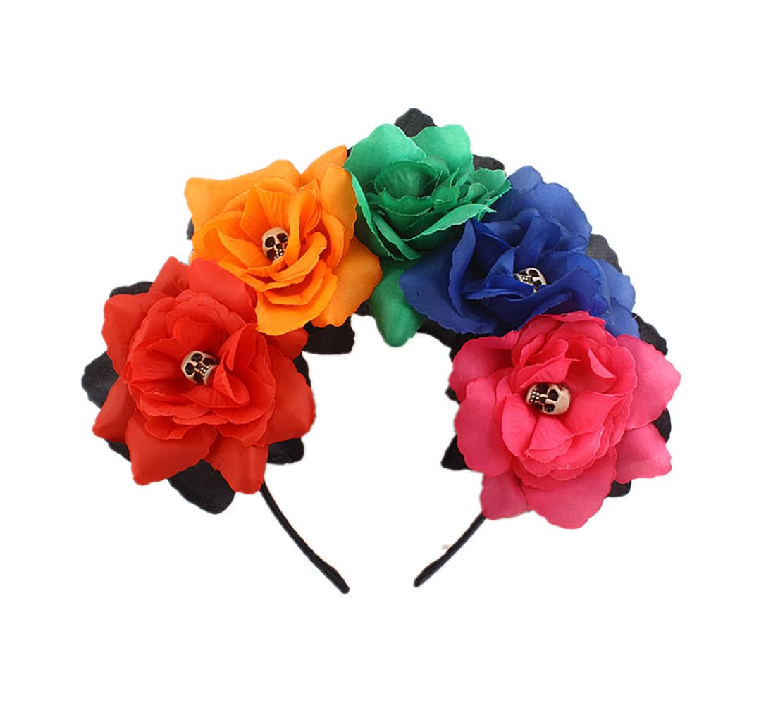 Lofruiin Women's Bohemian Rose Flower Crown Mexican Day of The Dead Headband Halloween Party Costume Headpiece (A- Colorful 2, F