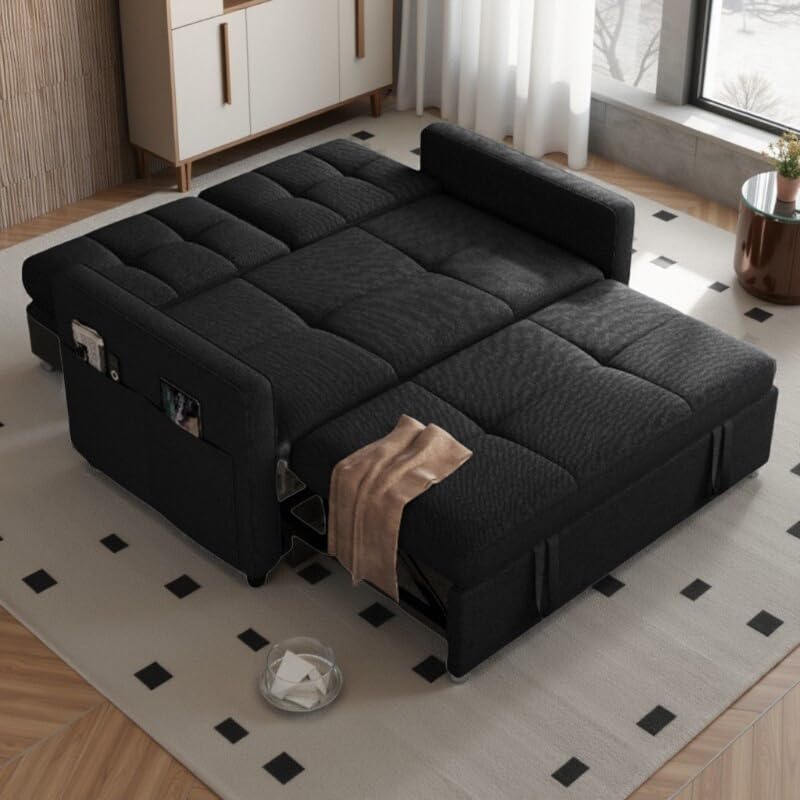 DWVO 55" Convertible Sofa Bed, 3-in-1 Sleeper Sofa with Pull-Out Bed, Linen Futon Couch with Adjustable Backrest and Side Pocket, Modern Loveseat for Living Room Apartment, Balck