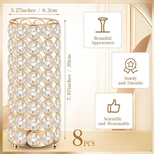 8 Pcs Gold Crystal Flower Vase and Pillar Candle Holder Set, 7.87" Metal Cylinder Stand for Wedding Table Centerpieces, Fl...