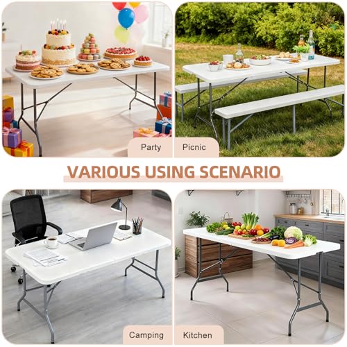 ZenStyle 6 ft Indoor Outdoor Heavy Duty Plastic Folding Table Portable Picnic Table Fold-in-Half Utility Table w/Handle an...