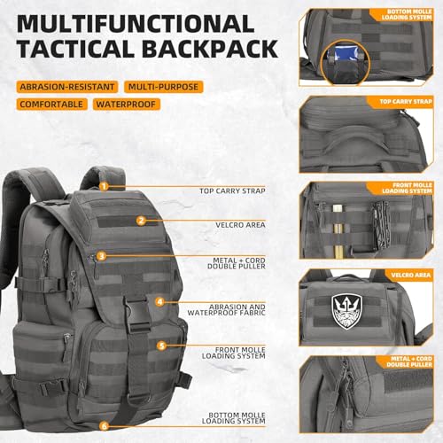 HongXingHai 50L Military Tactical Backpack 3 Day Assault Pack Molle Daypack Hiking Backpack for Men and Women (Gray)