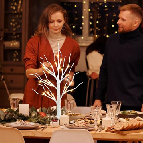 PEIDUO Artificial Tree for Christmas Decorations, 2FT Birch Tree with LED Lights, Warm White Fairy Lights Spirit Tree Lamp...