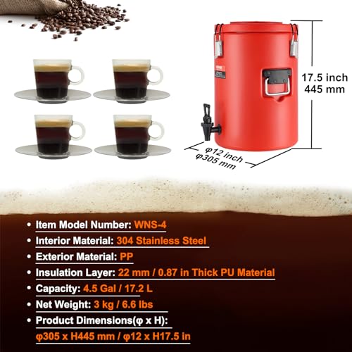 VEVOR Stainless Steel Insulated Beverage Dispenser, 4.5 Gallon 17.2 Liter, Thermal Hot and Cold Drink Server Dispenser wit...