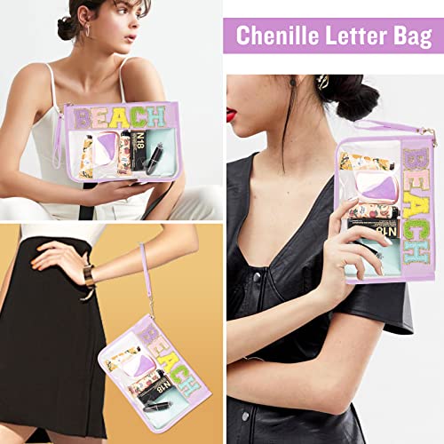 Chenille Letter Clear Bag Beach Purse with Wristlet, Monogram PVC & PU Clear Zipper Pouch, Waterproof Portable Glitter Sna...