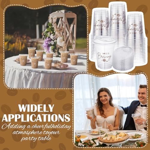 Willinglong 50 Pack Love Is Brewing Bridal Shower Cups Wedding Coffee Cups with Strawless Sip Lids 12 oz Love Is Brewing I...