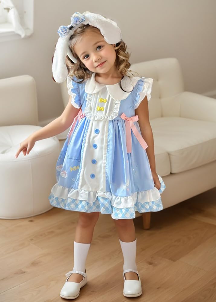 GSHLGAO Girls Cute Anime Cartoon Print Cosplay Sky Blue Sweet Dress Ruffles Sleeve Casual Dress Headband
