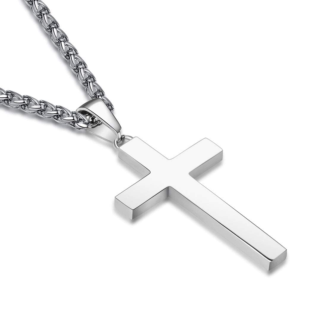 P. BLAKE Silver Cross Necklace for Men Boys, Stainless Steel Cross Pendant Chain Christian Religious Jewelry Valentine Christmas