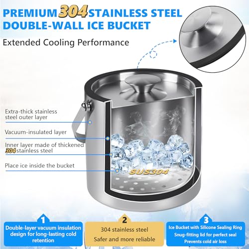 Ice Bucket, Ice Bucket with Silicone Sealing Ring Double-Wall Vacuum Insulation Champagne Buckets with Filter Layer Ice To...