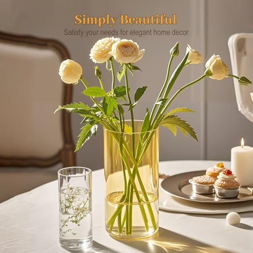 TBWIND 12pcs Glass Gold Amber Cylinder Vases for Centerpieces, 6 Inch Champagne Flower Vases for Wedding Decorations, Indo...