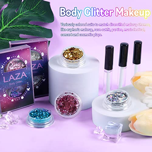 Laza Body Glitter, 2 Jars Holographic Chunky Sequins with Glitter Glue Perfect for Women Eyeshadow Makeup Face Paint Festi...