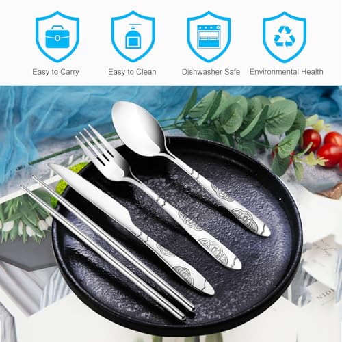 20PCS Premium Travel Utensils With Case, Stainless Steel Reusable Portable Utensils Set With Case, Lengnoyp Travel Silverw...