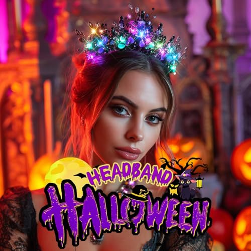 JAKAWIN Light Up Black Crown and Tiara Rhinestone Headpiece Halloween Costume Hair Accessories for Women