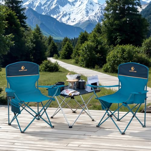 LET'S CAMP Camping Chair 2 Pack Folding Chair with 3-Can Cooler Bag Portable Lawn Chair with Cup Holder,Storage Pocket, Su...