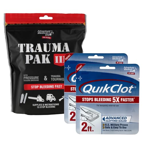 Adventure Medical Kits Trauma Pak III with QuikClot & QuikClot Gauze 3" x 2’ - Medical Kit with Gloves, Gauze, Dressing & ...