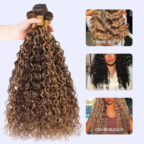 Highlight Water Wave Ombre Honey Blonde Curly Bundles, 4/27 Brown Highlighted Wet and Wavy Bundle Weave, Soft 12A 100% Virgin Hair 3 Bundles 10 12 14 Inch