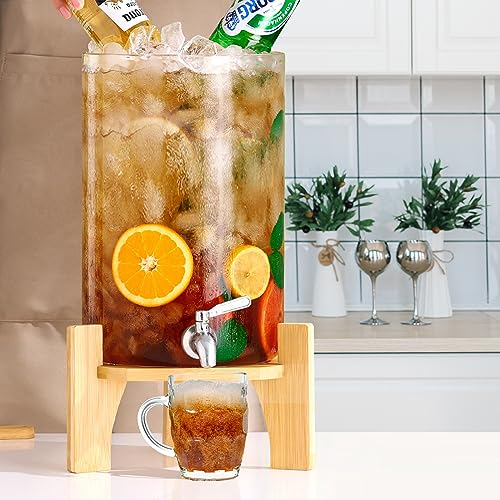 Glass Drink Dispenser with Stand,2.1 Gallons Wood Stand Cold Beverage Dispensers-Large Drink Dispensers For Parties,Bars,R...