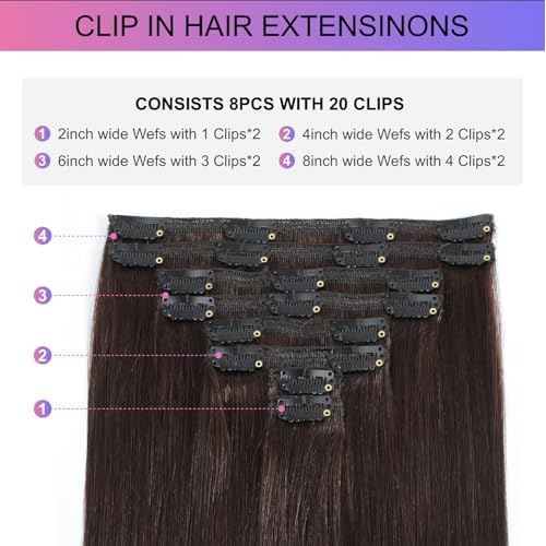 Dark Brown Clip in Hair Extensions, 24 Inch 120g, 2 Dark Brown Hair Extensions Real Human Hair, Invisible Seamless Remy Human Hair Clip Extensions for Women 8pcs Per Set with Double Weft