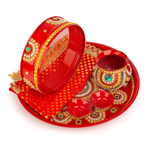 Tarini Gallery Karwa Chauth Thali Set Bowl with Kalash and Channi Decorated Steel Plate Platter with Essential Pooja Artic...