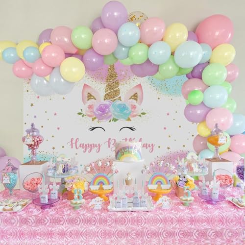 Mocsicka Unicorn Birthday Decorations Backdrop for Girls Party 6x4ft Pastel Rainbow Glitter Stars Dots Happy Birthday Bann...