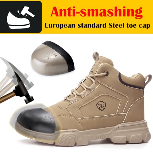 PJZHJ Waterproof Steel Toe Boots for Men Safety Work Boots Lightweight Steel Toe Shoes Slip Resistant Construction Boots