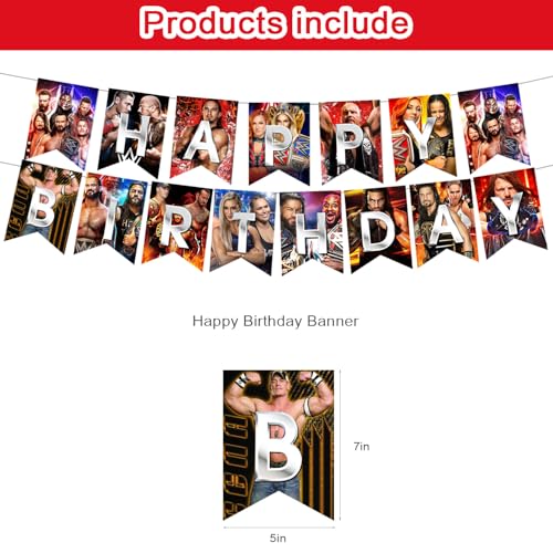 Wrestling Birthday Decorations,Wrestling Boxing Match Party Supplies Include Happy Birthday Banner, Cake Topper and Cupcak...