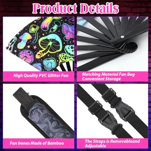 FEFURS 2PCS UV Glow Rave Fan,13in Large Folding Hand Rave Fan with 2 Rave Fan Thigh Holsters,Clack Fan for Line Dancing,Mu...