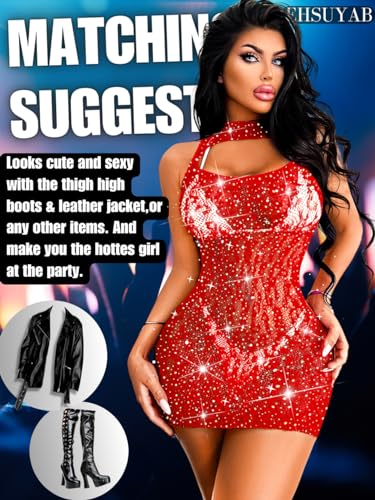 EHSUYAB Rave Outfits, Glitter Rhinestone, Fishnet Dress, Exotic Dancewear