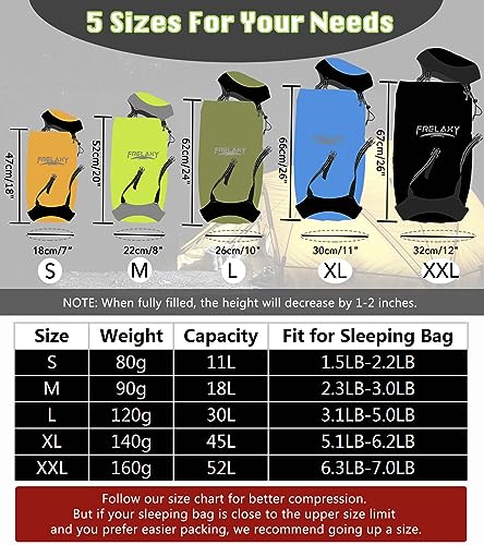 Frelaxy Compression Sack, 40% More Storage! 11L/18L/30L/45L/52L Compression Stuff Sack, Water-Resistant & Ultralight Sleep...