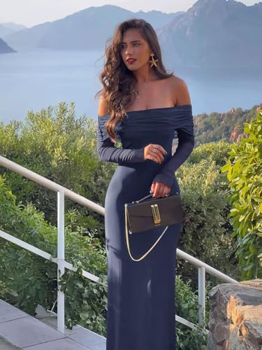 REORIA Women Off Shoulder Long Sleeve Dress Elegant Sexy Stretch Mesh Double Lined Slim Trendy Long Dresses