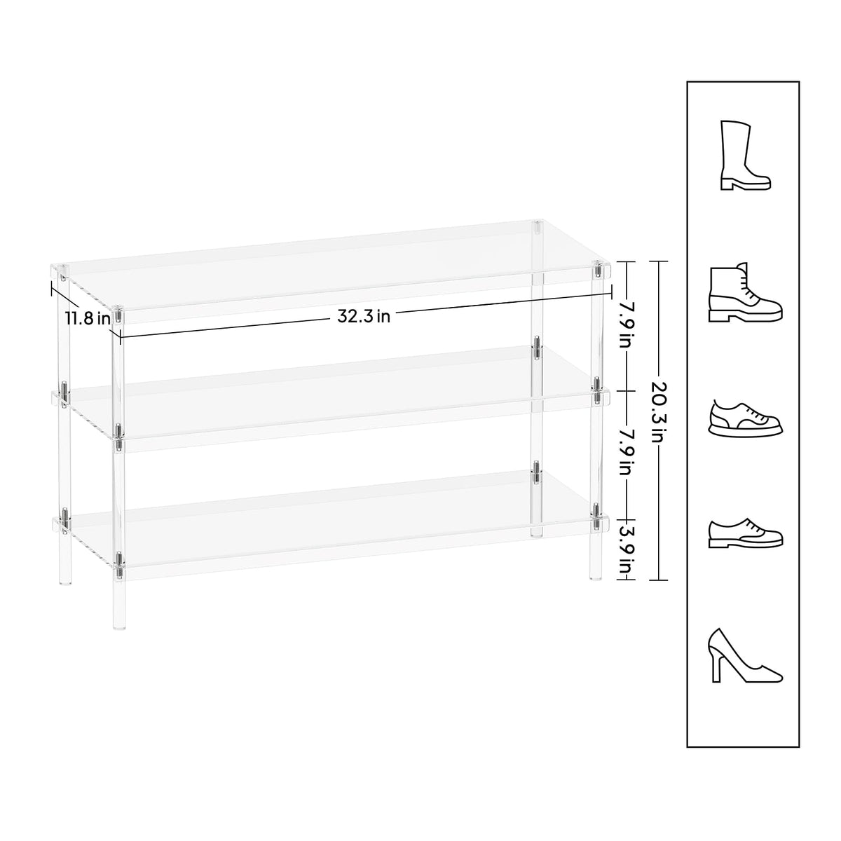 Aquiver 3-Tier Acrylic Shoe Rack - Modern Shoe Rack for Closet - Shoe Storage Organizer for Entryway, Bedroom, Living Room - 32.3'' L x 11.8'' W x 20.3'' H, Holds 12-16 Pairs of Shoes, Easy to Clean