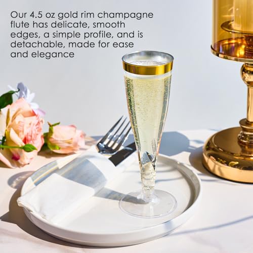 FOCUSLINE 100 Pack Plastic Champagne Flutes, 4.5 Oz Gold Rim Plastic Champagne Glasses, Disposable Clear Toasting Glasses ...