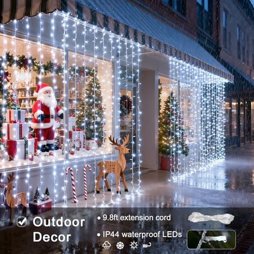 JMEXSUSS 300 LED 9.8x9.8Ft Curtain Lights Indoor with Remote, White Christmas Lights Plug in, 8 Modes White String Lights ...