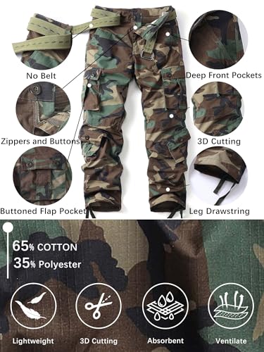 AKHIKING Men's Camo Cargo Work Pants Ripstop Lightweight Wild Army Military BDU Outdoor Trousers with 8 Pocktets (No Belt)