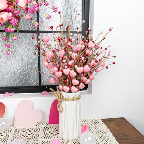 J'FLORU Valentine's Day Gifts Valentines Day Decorations 24 Pack Pink Heart Shaped Berry Picks with Red Berries for Valent...