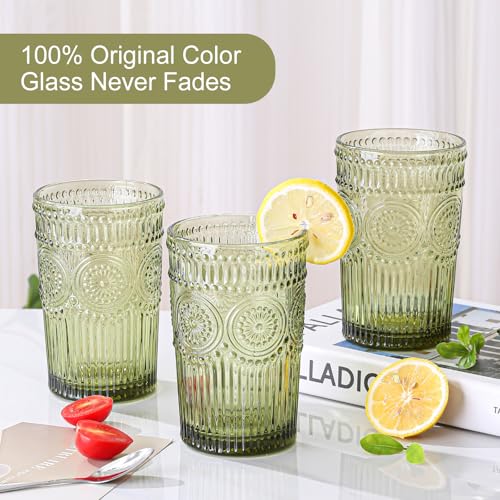 ZMOWIPDL Vintage Glassware Drinking Glasses Set of 6,13 oz Green Textured Flower Design Glass Water Tumblers，Embossed Stri...