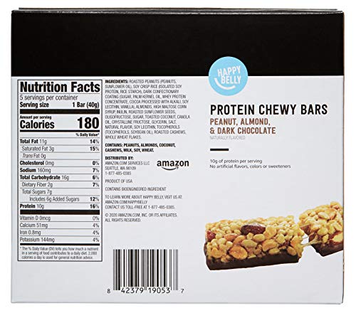Amazon Brand - Happy Belly Protein Chewy Bars, Peanut, Almond & Dark Chocolate, 5 Count